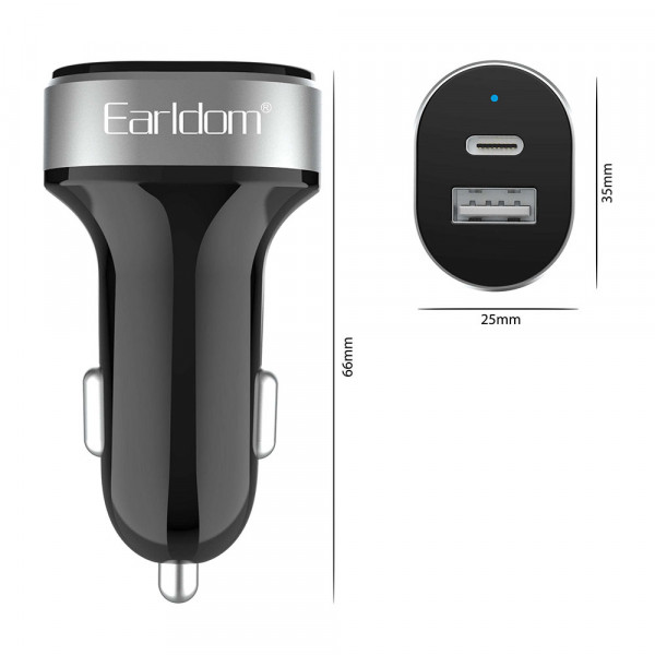 Зарядно устройство за кола Earldom ES-CC14, 1xUSB, 1xType-C, С PD Type-C кабел, Черен - 40244
