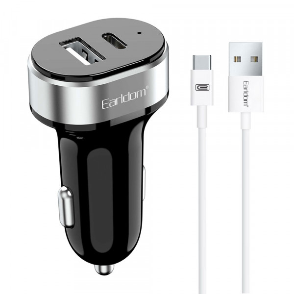 Зарядно устройство за кола Earldom ES-CC14, 1xUSB, 1xType-C, С Type-C кабел, Черен - 40243