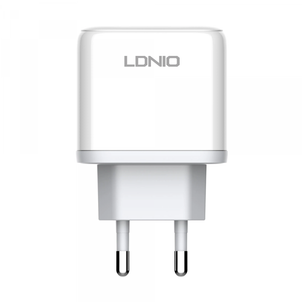 Мрежово зарядно устройство LDNIO A2526C, 45W, 1 x Type-C F, 1 x USB F, PD, QC, PPS, С Кабел Type-C към Lightning , Бял - 40288