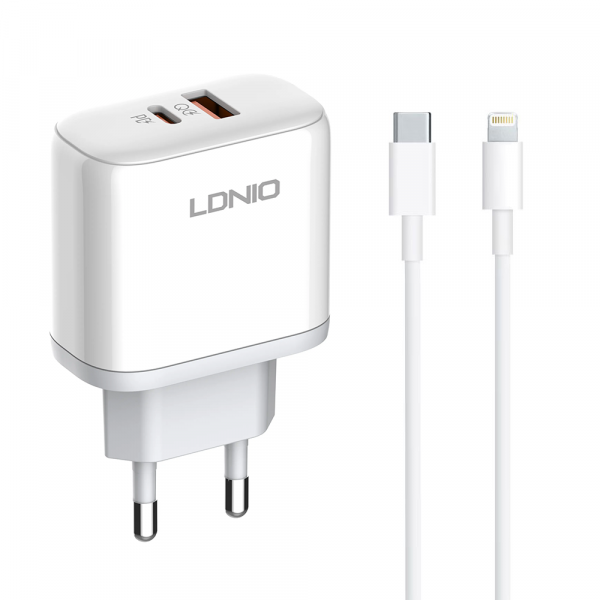 Мрежово зарядно устройство LDNIO A2526C, 45W, 1 x Type-C F, 1 x USB F, PD, QC, PPS, С Кабел Type-C към Lightning , Бял - 40288