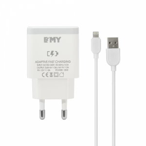 Мрежово зарядно устройство EMY MY-A301Q, Quick Charge 3.0, Lightning Кабел, Бял - 14960