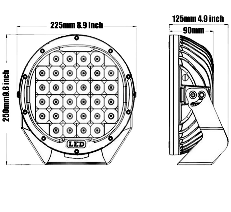 96W LED ЛЕД ДИОДЕН СУПЕР МОЩЕН ХАЛОГЕН ФАР ПРОЖЕКТОР ЛАМПА ТИП ЧЕРВЕНА ПИТА 9\'\' 225 MM 12-24V