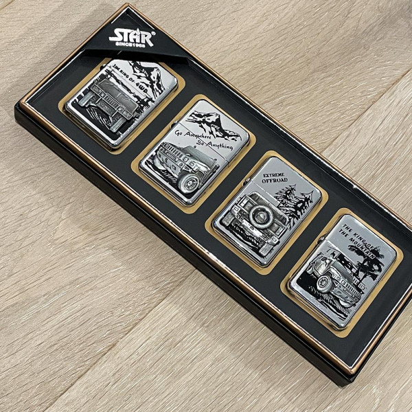 Комплект 4 луксозни метални запалки JEEP SILVER в подаръчна кутия