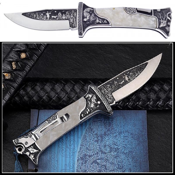 Класен сгъваем ловен нож HUNTING TIGER PEARL, стомана 440C, кожена ...