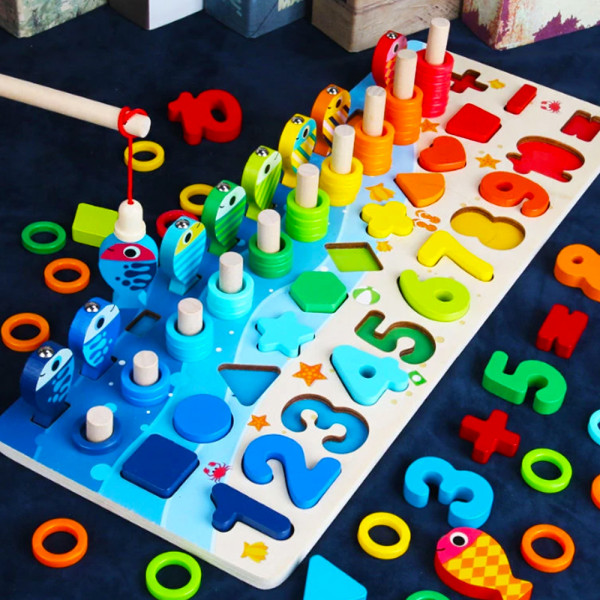 Образователна цветна детска игра Монтесори 🤩- дървена дъска с рибки🐳, рингове, формички и цифри, детенце учи