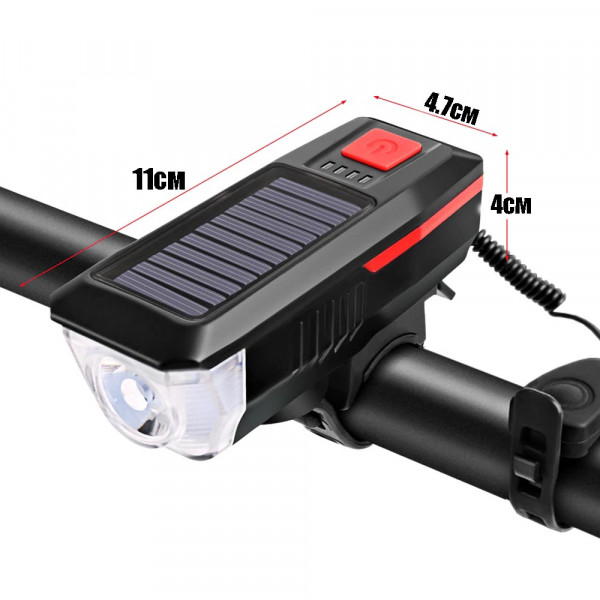 Соларен прожектор за колело с мощна светлина и сирена, функция за зареждане на телефона