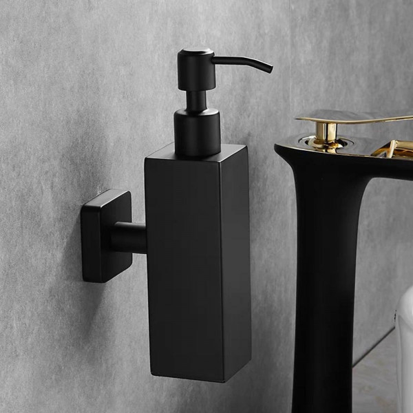 Модерен луксозен дозатор за течен сапун за стенен монтаж - квадратен, 250ml, черен мат, за баня или кухня