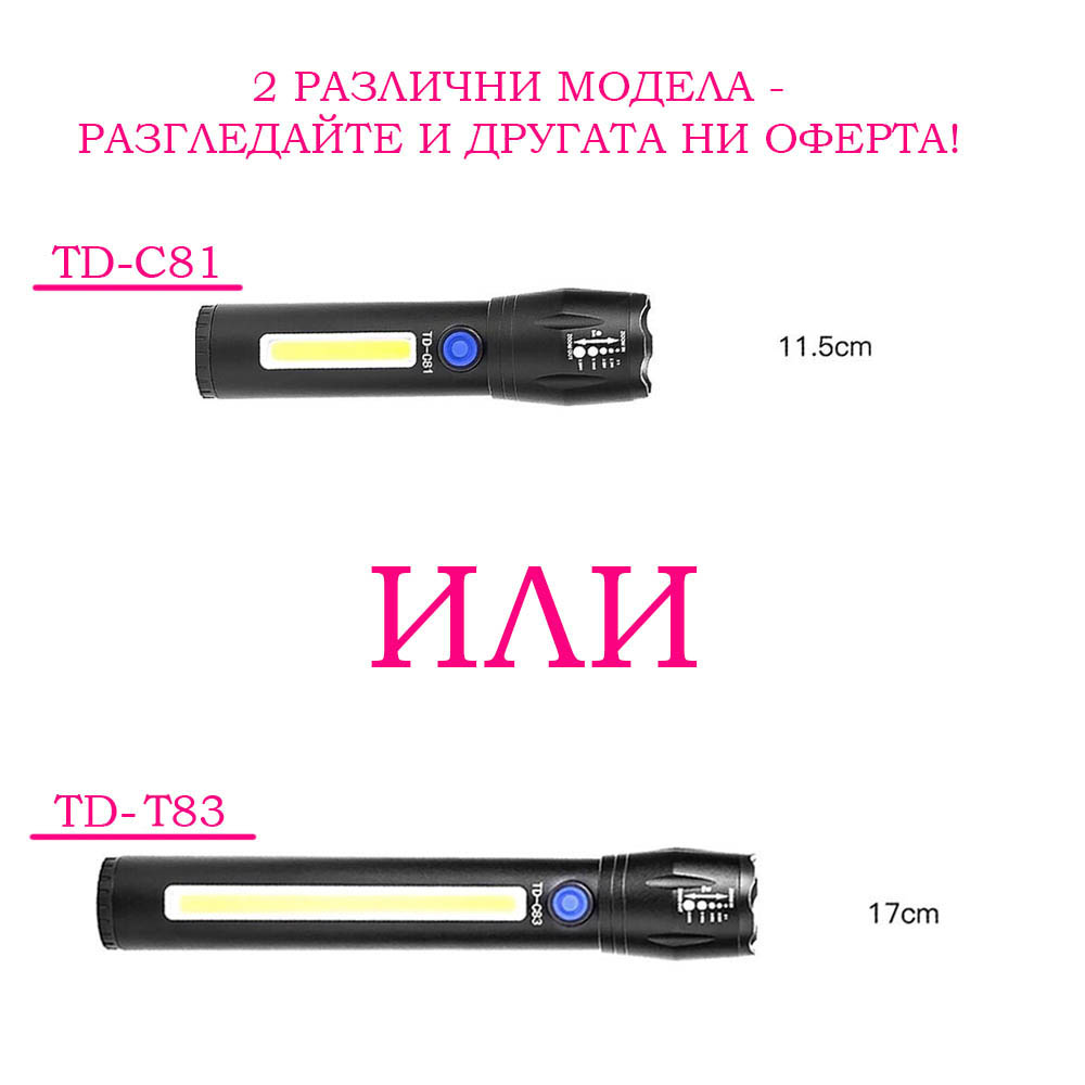 USB LED фенерче TD-C81 + 3W COB светодиод, с телескопичен зуум