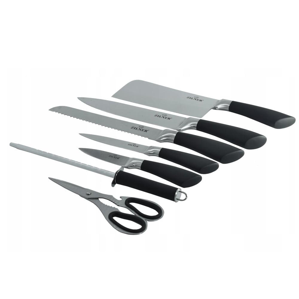 Комплект ножове с поставка Zilner ZL 5127, 8 части, Точило, Ножици, Неръждаема стомана, Черен