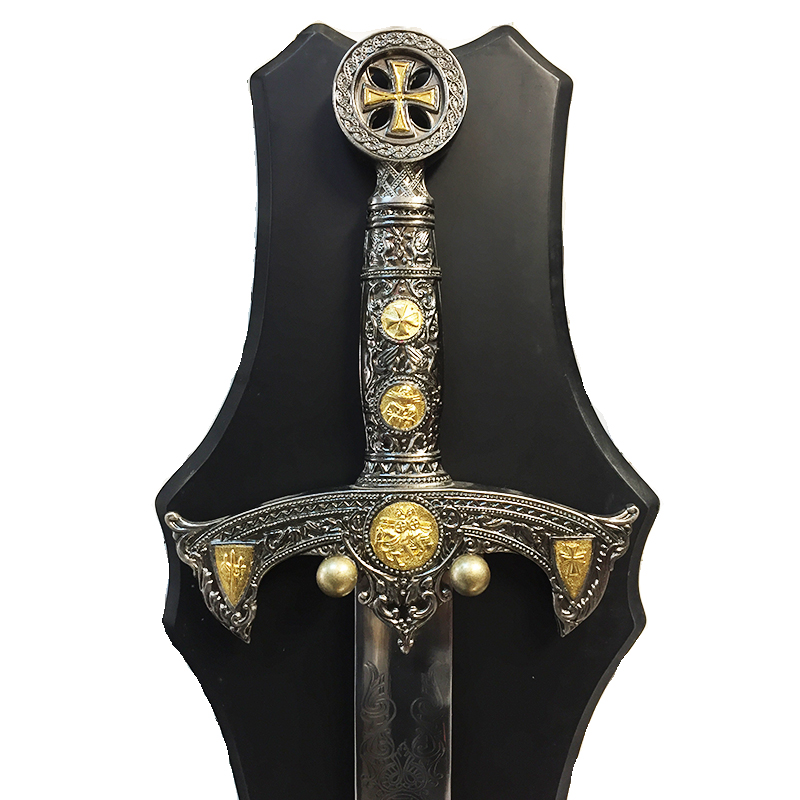 Богато инкрустиран кръстоносен меч SILVER & GOLD 0501 с поставка за стена