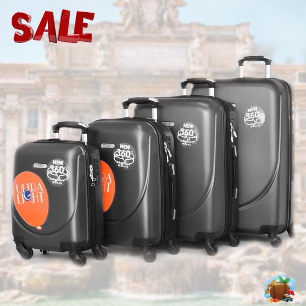 НОВО: 4бр Куфари 1217-4 GRAPHITE ABS,четири въртящи колелца, заключване с цифров шифър, комплект 4бр