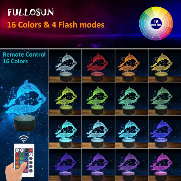 🐬Холограмна LED лампа CREATIVE 3D DOLPHIN RGB, с дистанционно управление и много цветове