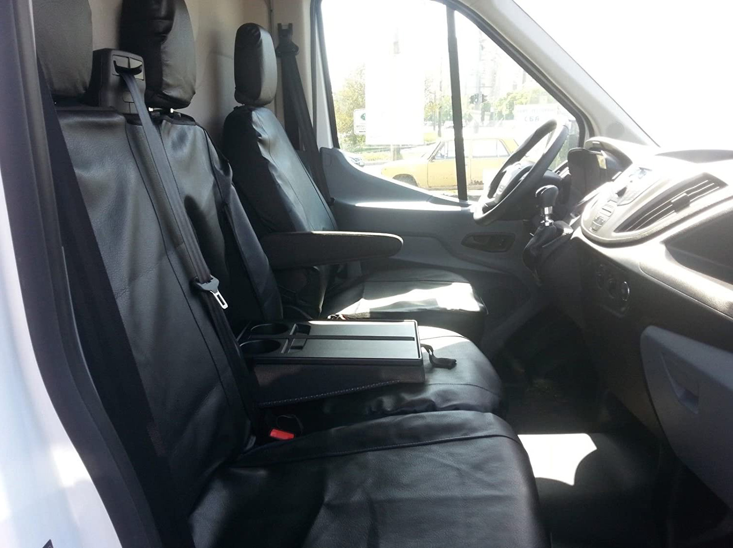 2+1 комплект калъфи / тапицерия от ЕКО кожа - специално ушити за Ford Transit 2013+ - пасват перфектно - с отвор за барчето на двойната седалка - черн