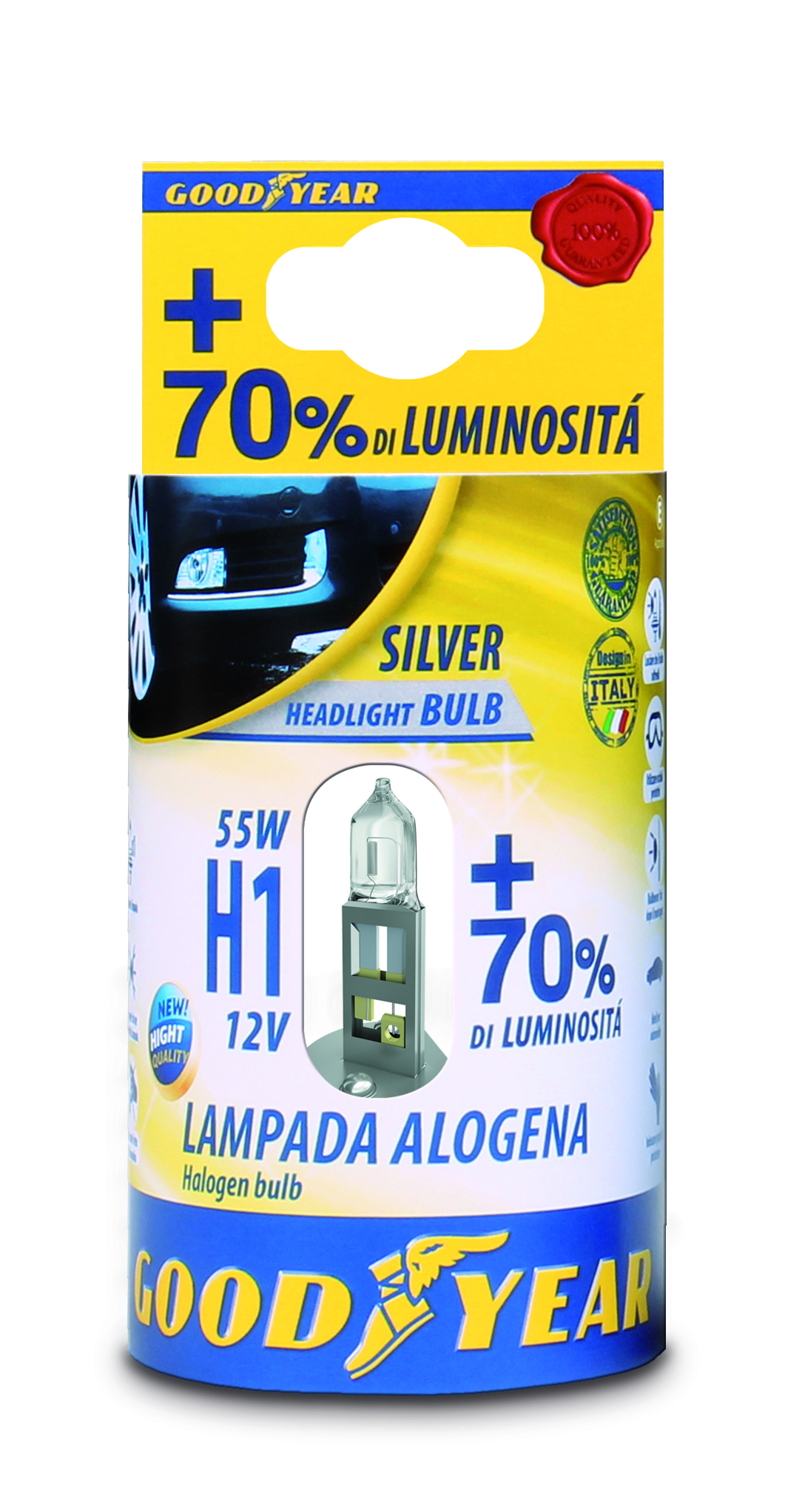 Комплект от 2 броя халогенни крушки крушка H1 Х1 12V 55W + 70% 3000K E4 Goodyear Гудиър