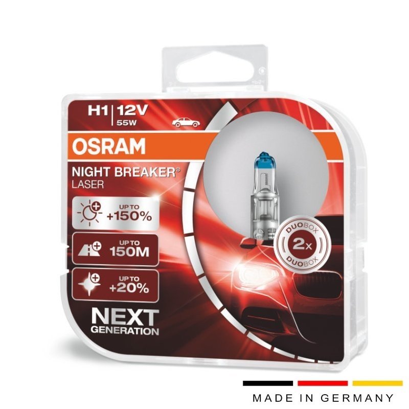 Комплект от 2 броя халогенни крушки Osram H1, Х1, Night Breaker Laser Next Gen +150%, 55W, 12V, P14.5S