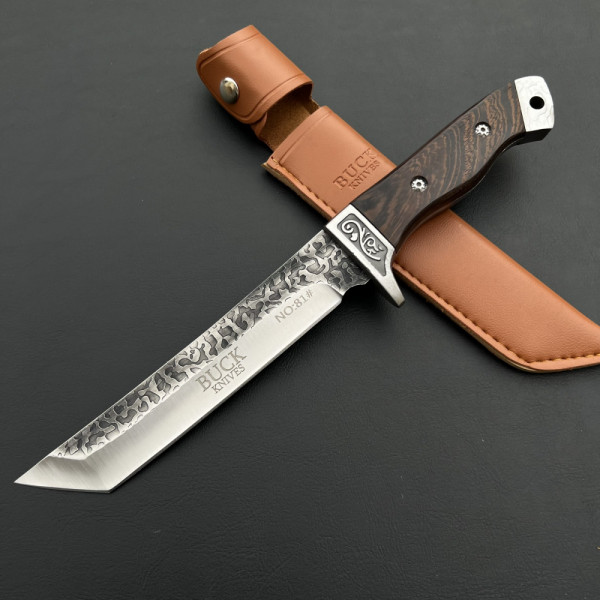 Ръчно изработен ловен нож BUCK TANTO, фултанг стомана 5CR13, дървена дръжка венге, кания еко кожа