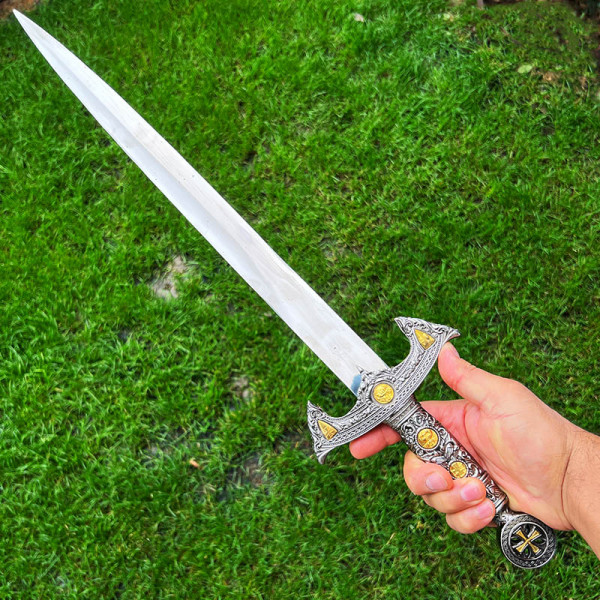 Богато инкрустиран кръстоносен меч SILVER & GOLD 0501, среден размер, 60 см с твърда ножница кожа и метал