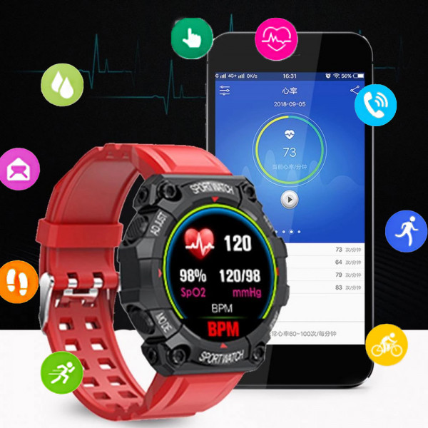 Смарт часовник No brand FD68 RED/BLACK съвместим с Android и iPhone, прахоустойчив, Bluetooth, Пулс, Крачкомер и др.