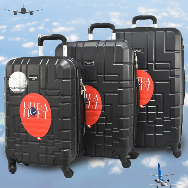 Три пластмасови авио куфари ABS 7068 BLACK, здрави, леки и безшумни