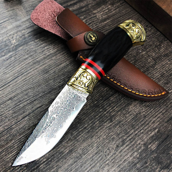 Ловен нож Damaskus CLASSIC, ръчна изработка, дамаска стомана 60HRc VG10 75 слоя, телешка кожена кания