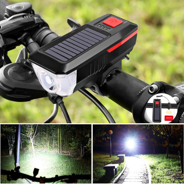 Соларен прожектор за колело с мощна светлина и сирена, функция за зареждане на телефона