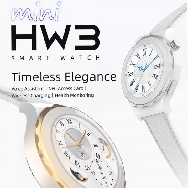 Луксозен смарт часовник HW3 mini с кожена бяла каишка, SMART WATCH - WIRELESS CHARGING