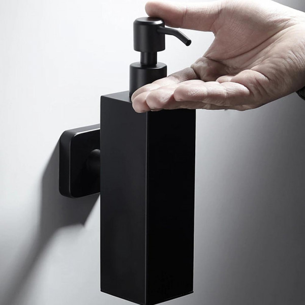 Модерен луксозен дозатор за течен сапун за стенен монтаж - квадратен, 250ml, черен мат, за баня или кухня