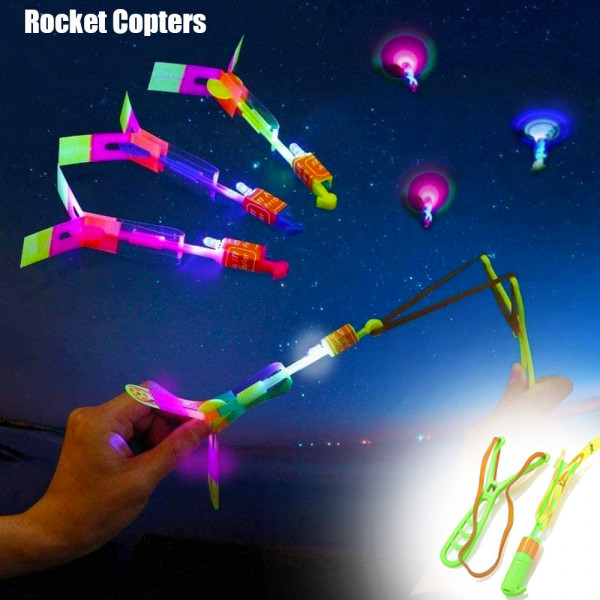 СУПЕР ПРОМО:  Изтрелваща се светещи LED стрела- пърпалетки с прашка за игри на открито Rocket Copters