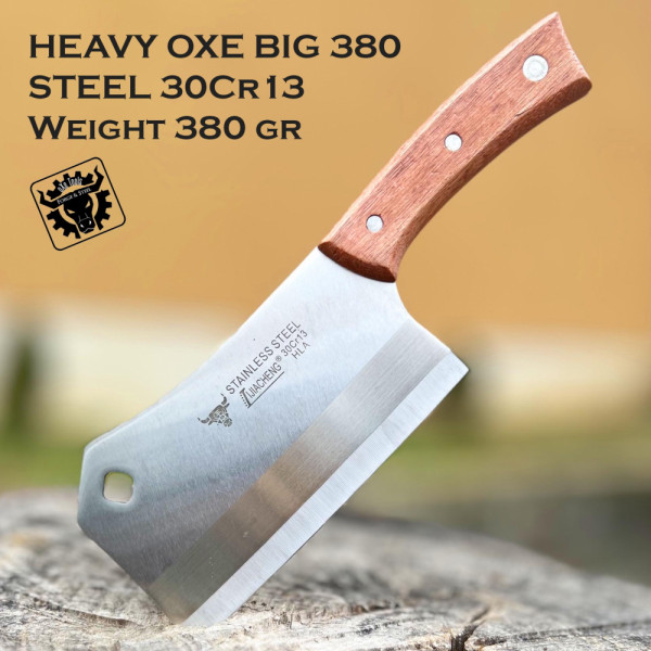 Голям тежък кухненски сатър HEAVY OXE BIG 380, стомана 30Cr13, фултанг, удобен и прецизен