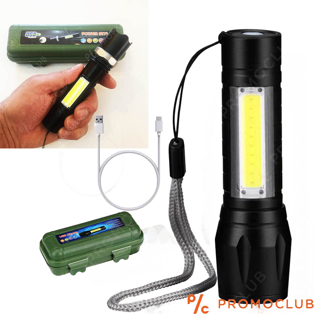 Водоустойчив LED фенер 3 в 1, метален корпус, USB презареждане и противоударна кутия
