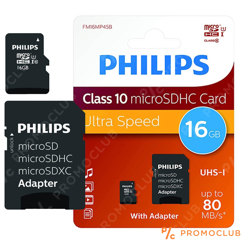 Micro SD карта памет PHILIPS 16GB CLASS 10 на четене и запис, с преходник