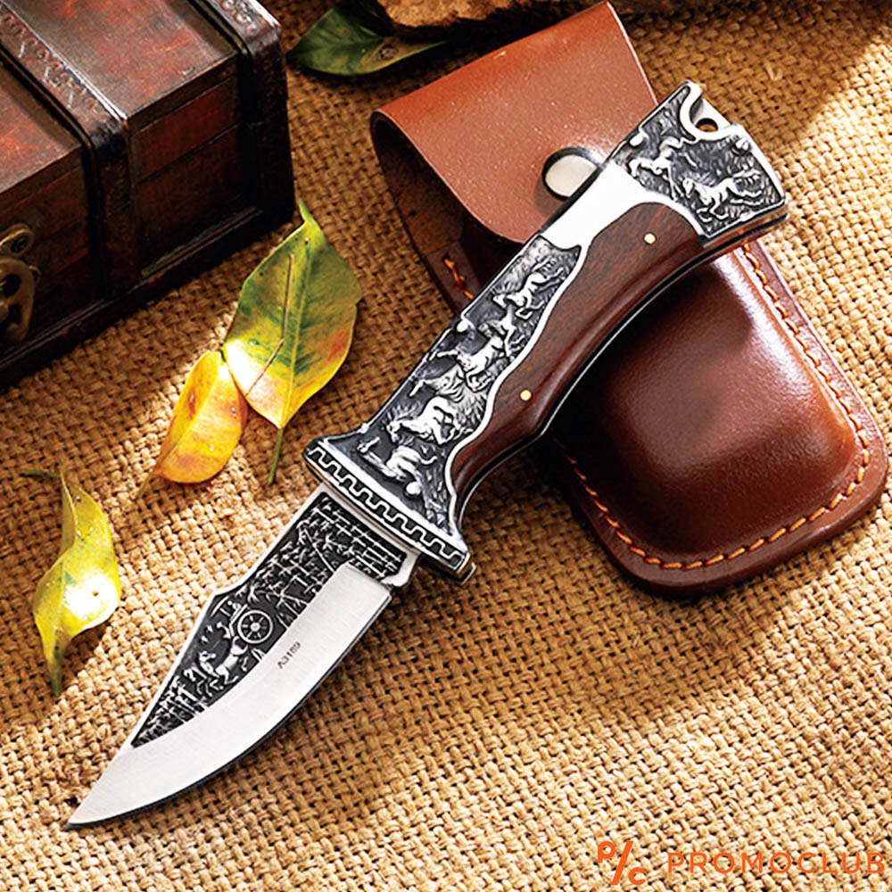 Премиум клас сгъваем ловен нож COLUMBIA A3189, ​Кания от естествен телешки бланк