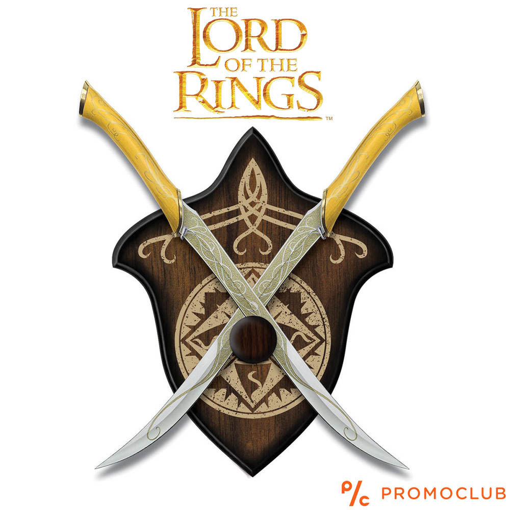 Комплект елфически мечове на Леголас от Властелина на пръстените, дървена стойка за стена