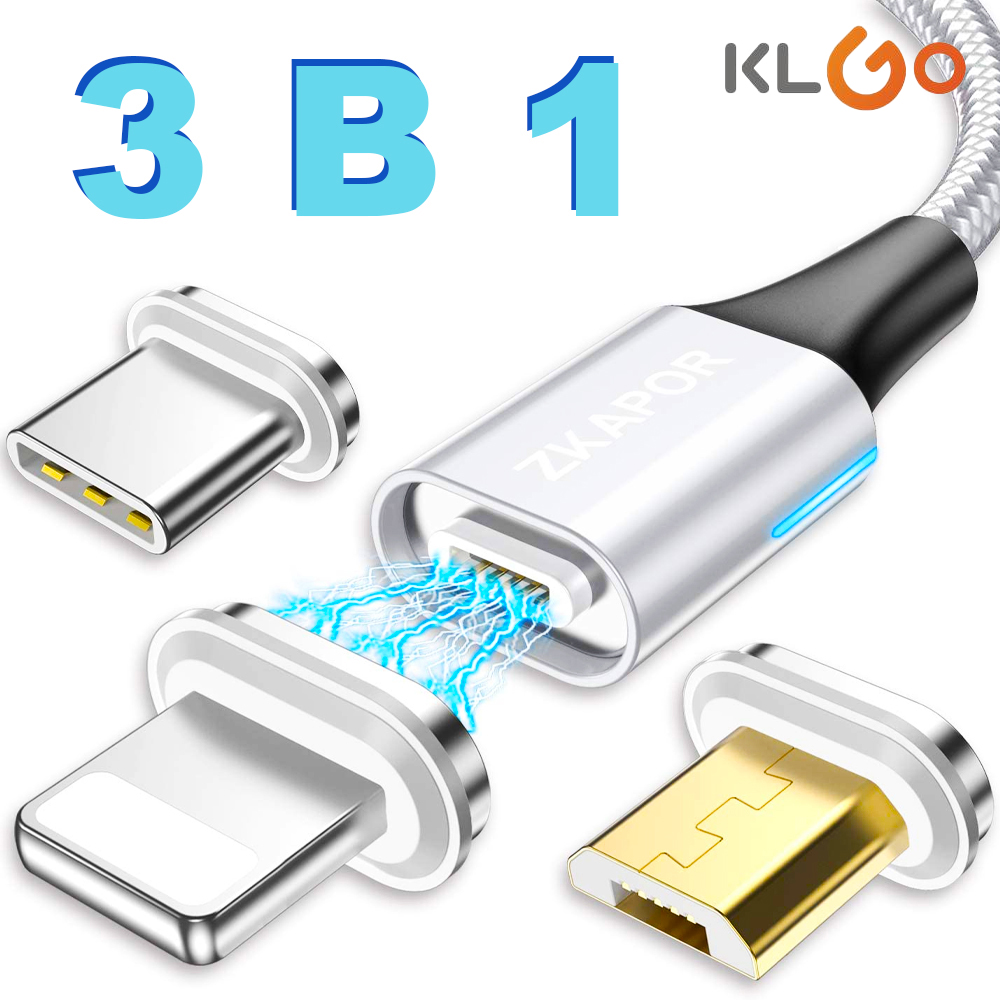 3 в 1 магнитен кабел KLGO за зареждане с 3 различни накрайника за iPhone, Android и Type C