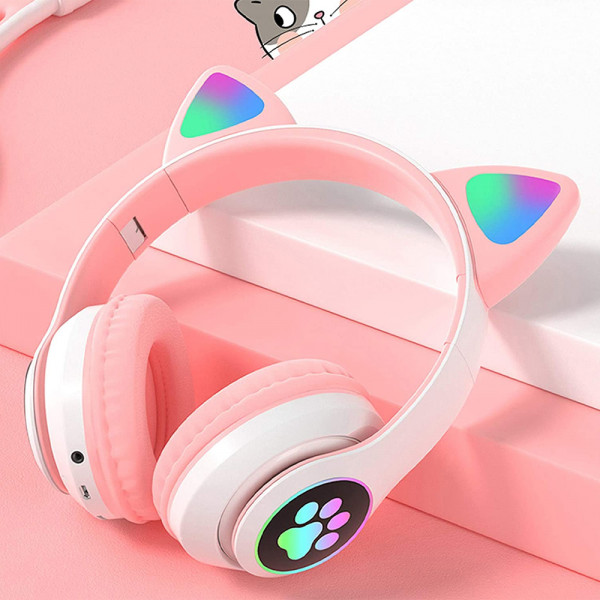 Сладурски безжични слушалки КОТЕНЦЕ със светещи цветни LED ушички и лапичка STN 28, розови, BF22