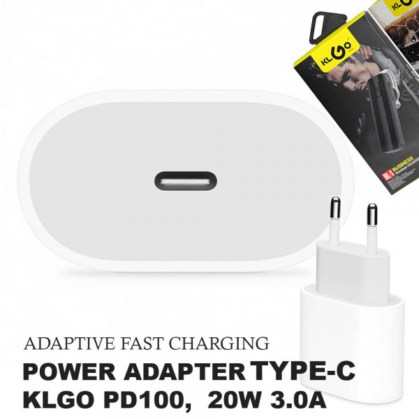 Мрежови адаптер TYPE C  KLGO PD100,  20W 3.0A , висок клас ADAPTIVE FAST CHARGING