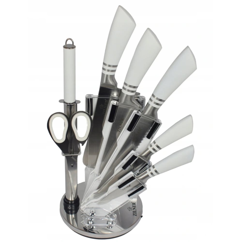 Комплект ножове с поставка Zilner ZL 5128, 8 части, Точило, Ножици, Неръждаема стомана, Бял