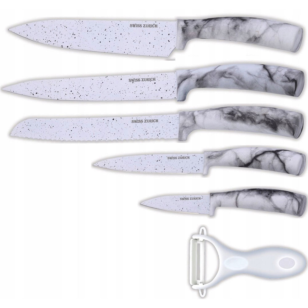 Комплект ножове 5 бр. + белачка Swiss Zurich SZ 7348, Мраморно покритие, Бял мрамор