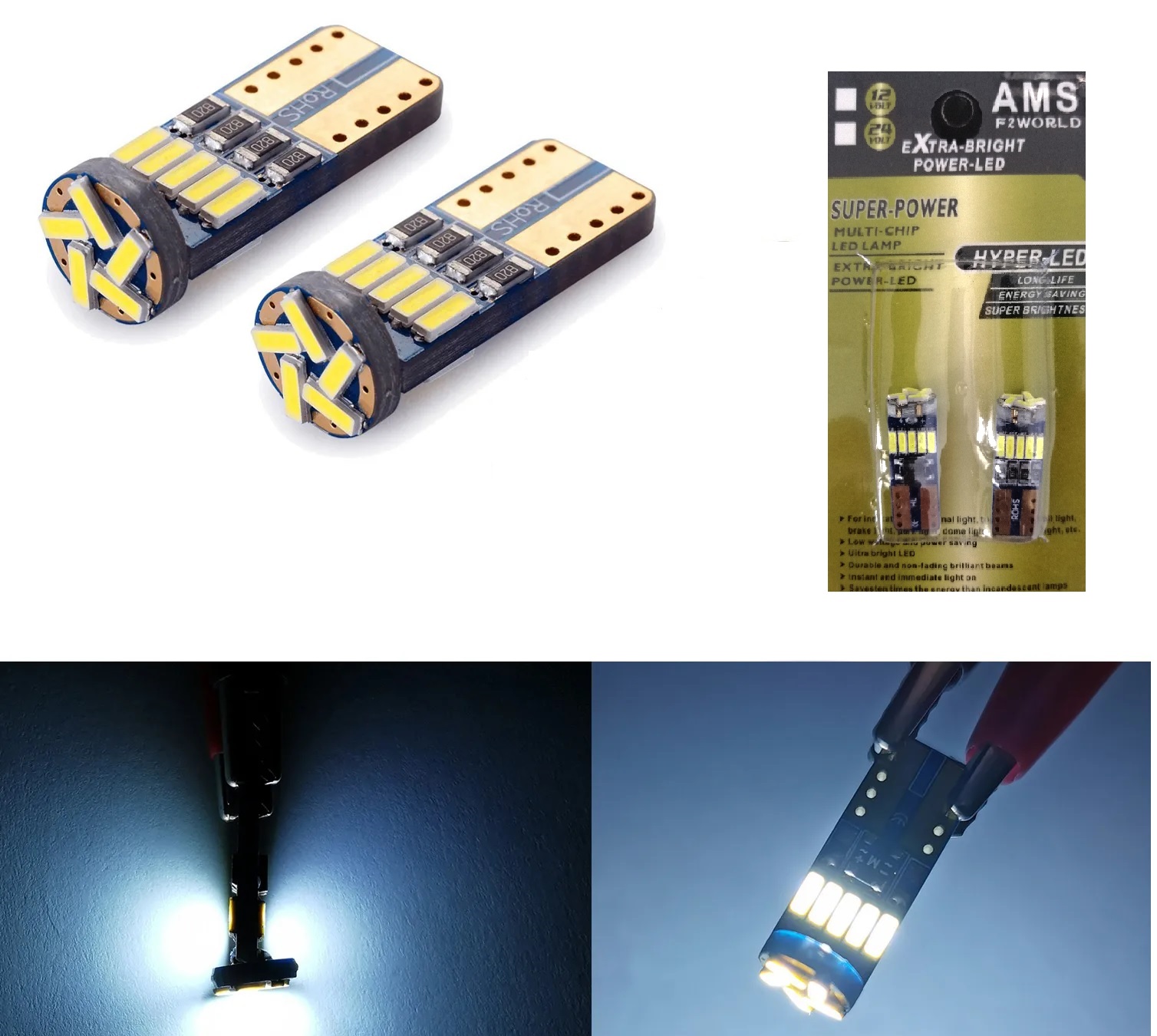 Комплект от 2 броя T10 Led крушки 15 SMD светодиода W5W 12V бяла светлина в блистер