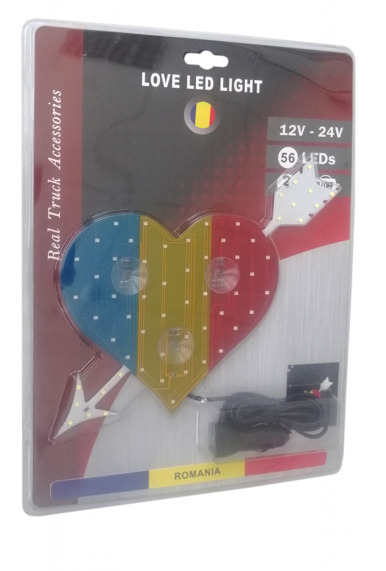 Сетодиодно светещo сърце в синьо-жълто-червено RO Romania флаг знаме Румъния 12V - 24V 54 LED ЛЕД