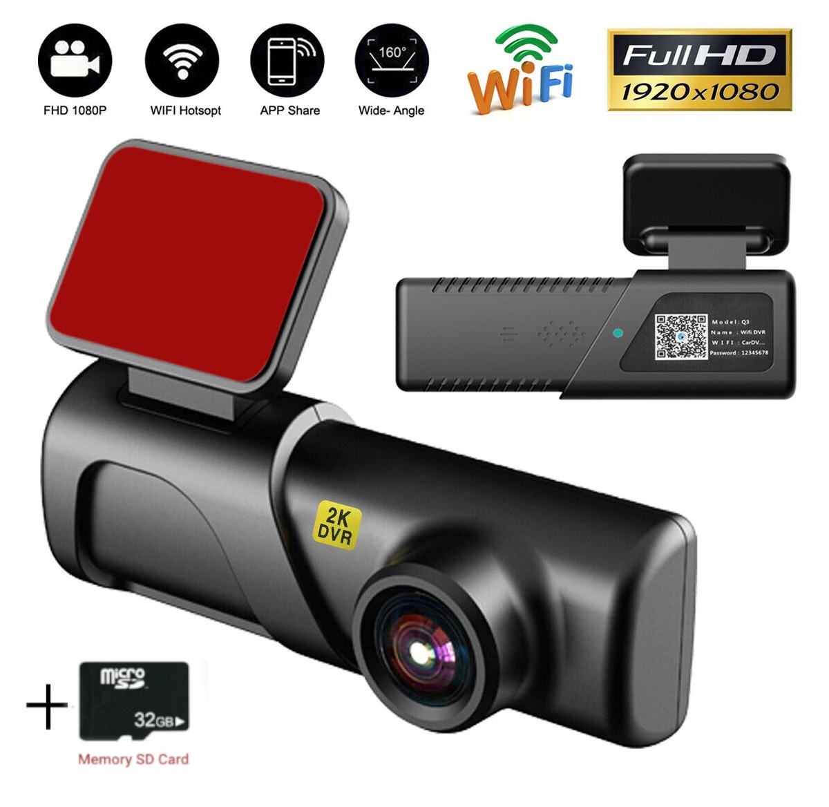 Авторегистратор видеорегистратор за автомобил 2K HD WIFI USB DVR камера G-сензор Видеорекордер Нощно виждане + 32 GB Micro SD Card карта с памет