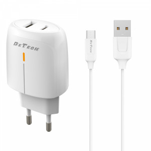 Мрежово зарядно устройство DeTech DE-31M, 20W, С Micro USB кабел, 1 x Type-C F, 1 x USB F, PD, QC, Бял - 40319