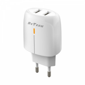 Мрежово зарядно устройство DeTech DE-32, 18W, 2 x USB F, QC, Бял - 40324