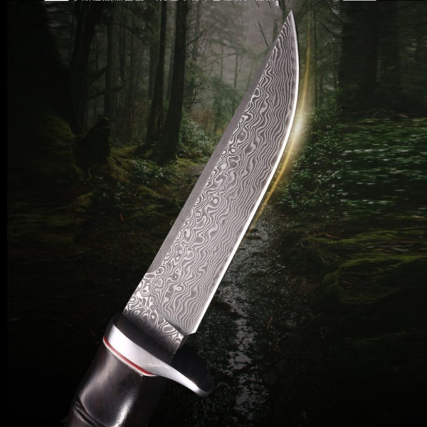 Японски ловен нож DAMASKUS AB, дамаска стомана VG10 69 слоя, дръжка абанос, кожена кания. Ръчна изработка