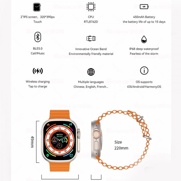 Елегантен Bluetooth  смарт часовник S8+ WHITE - 49mm с възможност за провеждане на разговори, унисекс, лек и удобен