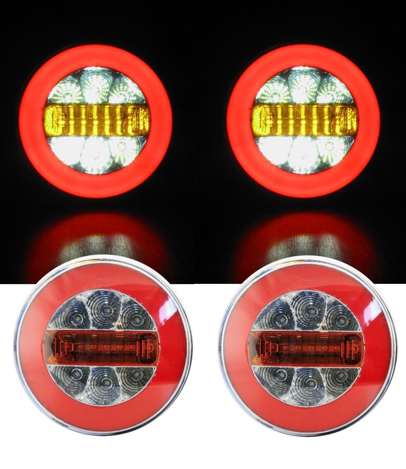 Комплект от 2 броя кръгли LED ЛЕД светодиодни стопове задна светлина с Neon неон ефект тип хамбургер 12V Ø14 см
