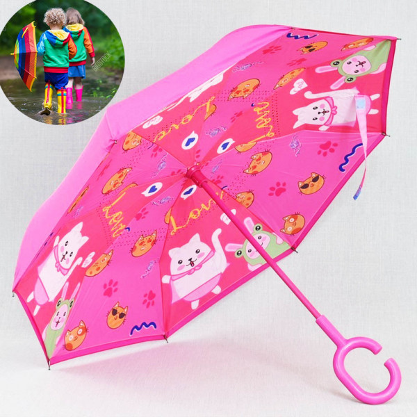 Детски ветроупорен чадър 22806 PINK CAT, затварящ се наобратно