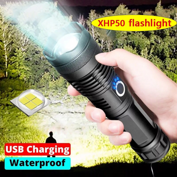 Мощно USB LED фенерче P50 Cross-border, водоустойчиво, с индикация за батерията