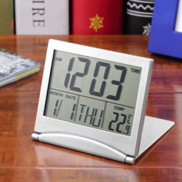 Часовник с аларма, Календар и термометър MT-033, Сгъваем, Сребрист