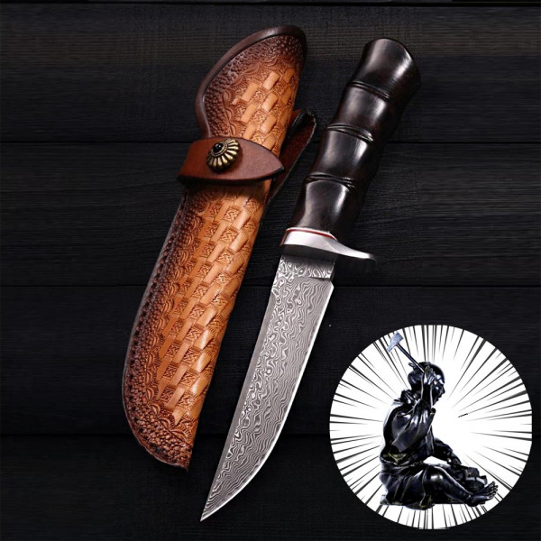Японски ловен нож DAMASKUS AB, дамаска стомана VG10 69 слоя, дръжка абанос, кожена кания. Ръчна изработка